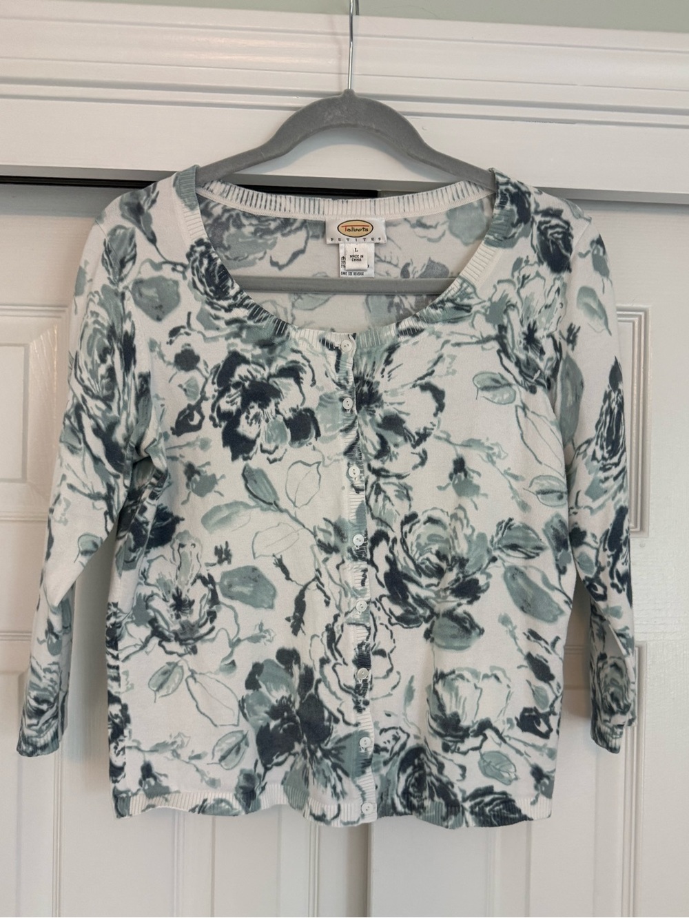 Talbots White Cardigan with Teal Floral Print - Pima Cotton